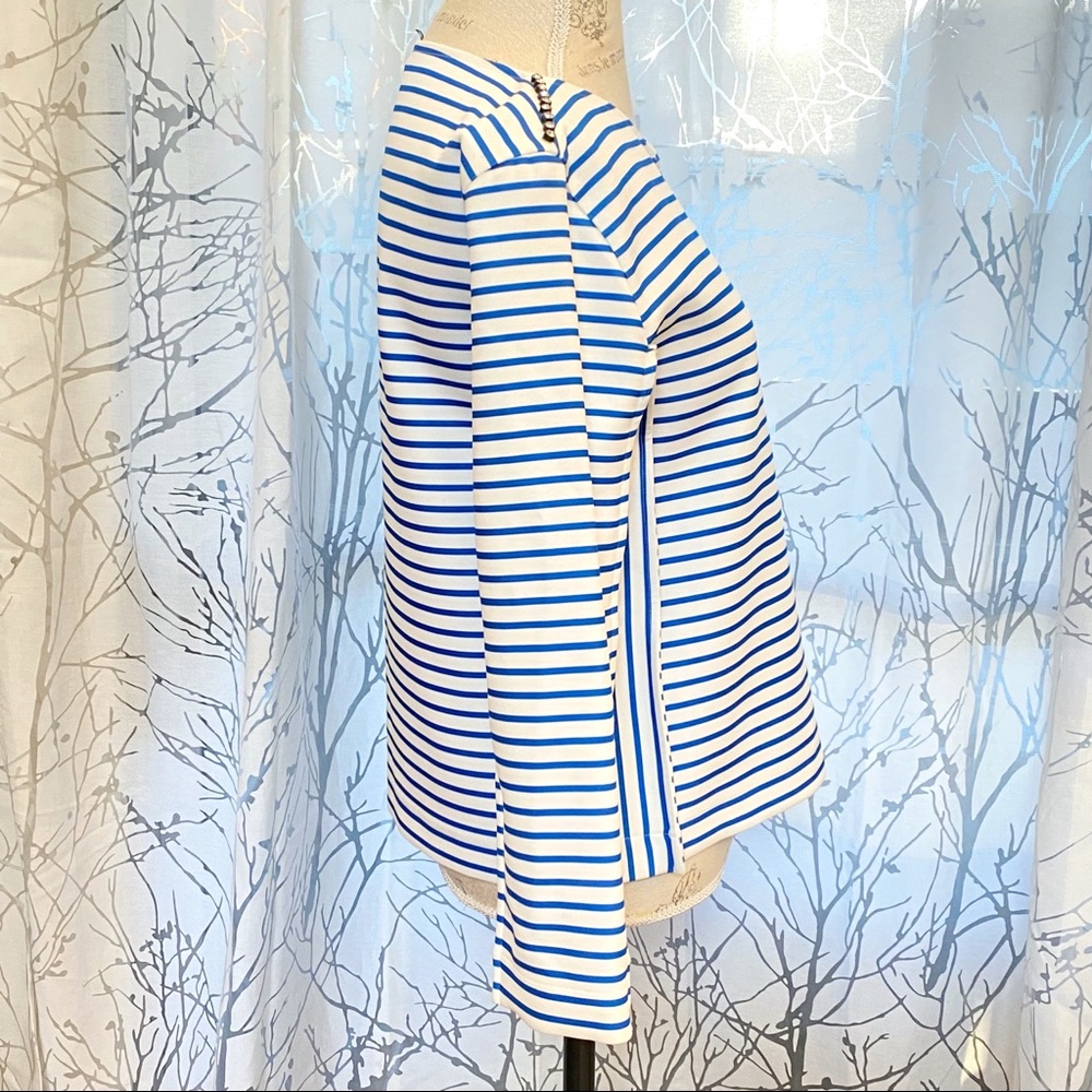 Maje white blue stripe rhinestone row shoulder detail long sleeve sweater top - Picture 5 of 14